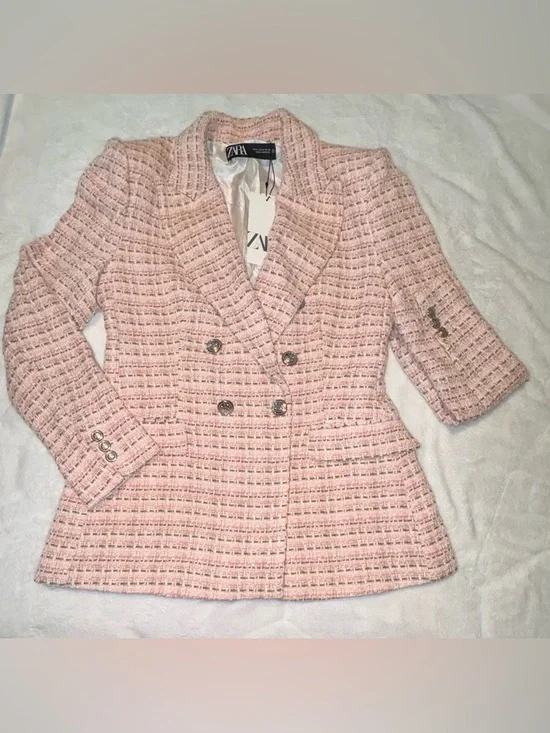 Zara Pink Tweed Double-Breasted Blazer - Picture 3 of 5